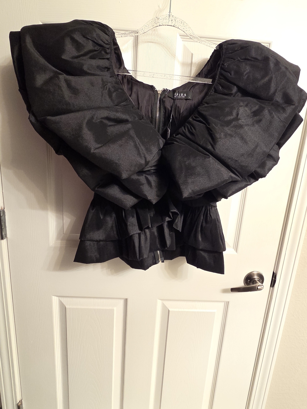 AKIRA Black Dramatic Puff Sleeve Ruffle Crop Top